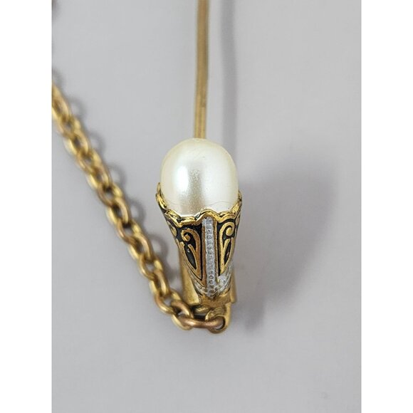 Damascene Butterfly Stick Pin With Faux Pearl Accent Gold Tone Filigree Design - Picture 3 of 7